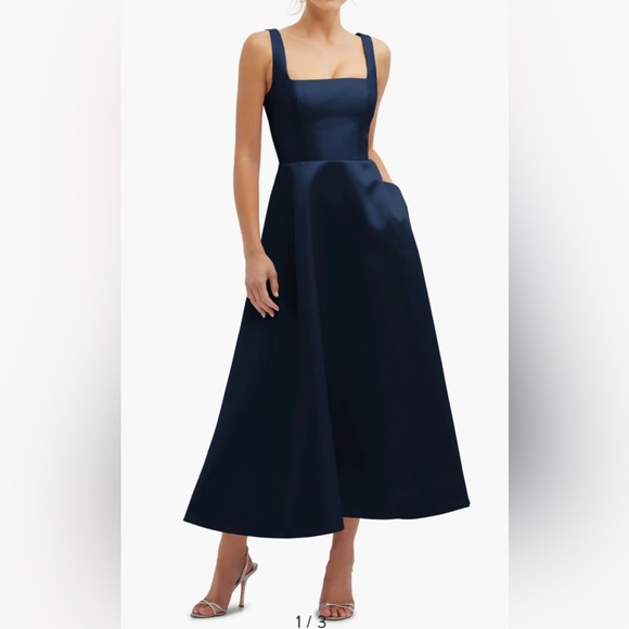 Dessy Collection Midnight Blue Satin Midi Dress, Size 6 - Picture 1 of 10